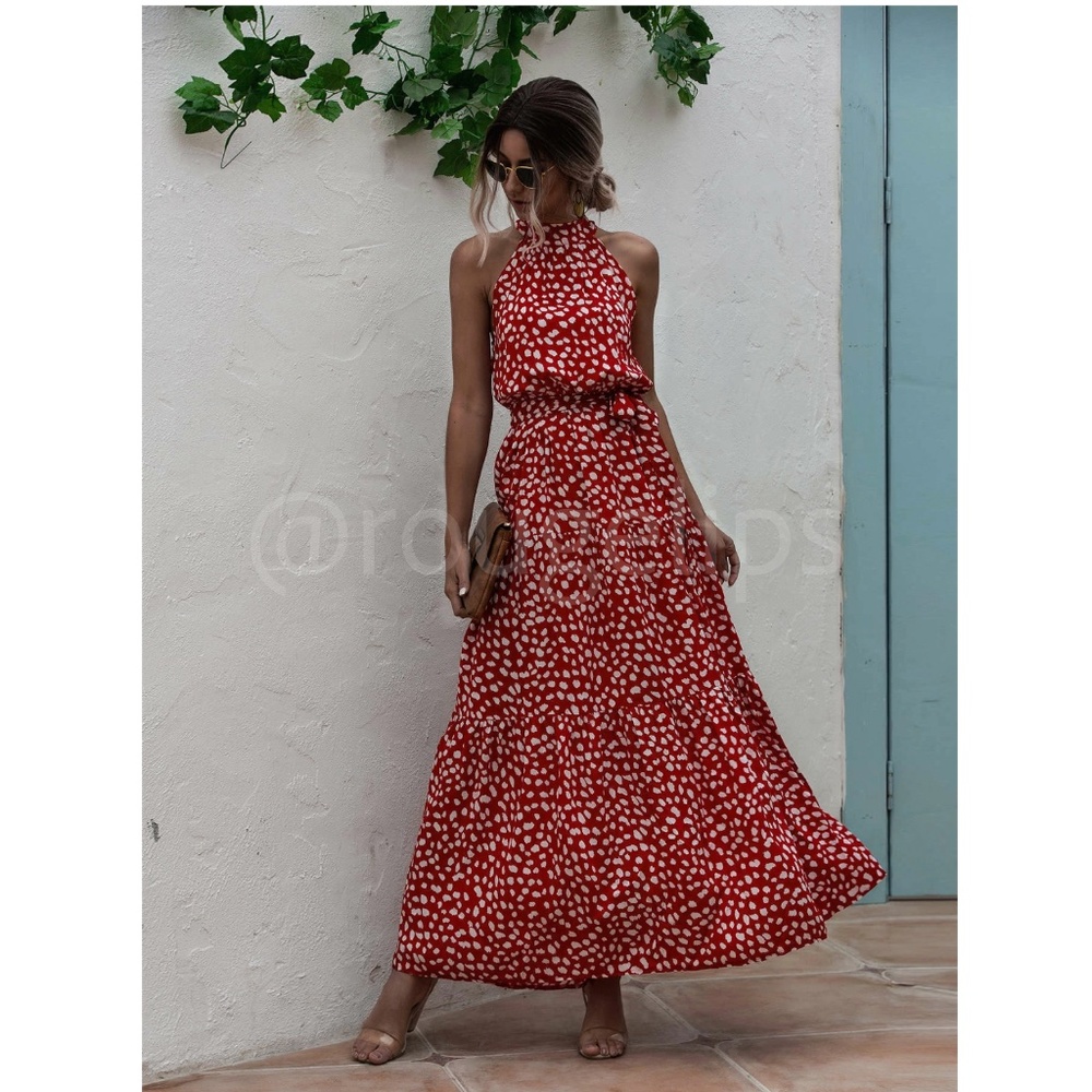 Spotted Print Maxi Dress Tie Belt High Neck White Red Long Flared Halter - Picture 6 of 11